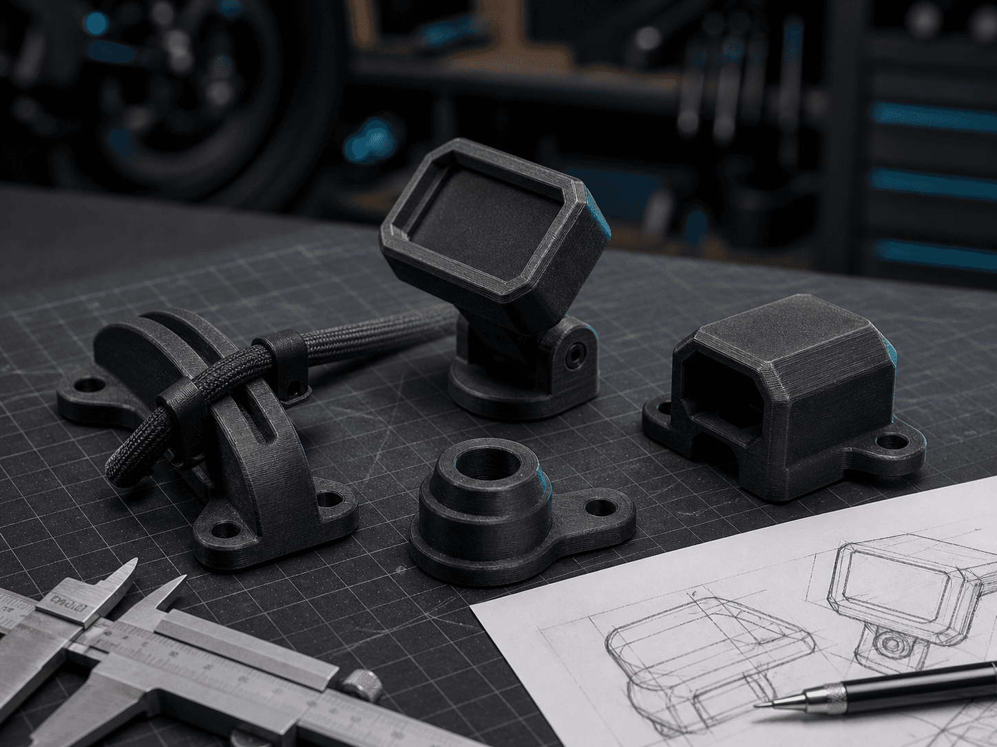 Ilustrační kolekce funkčních 3D tištěných prototypů a měřidel